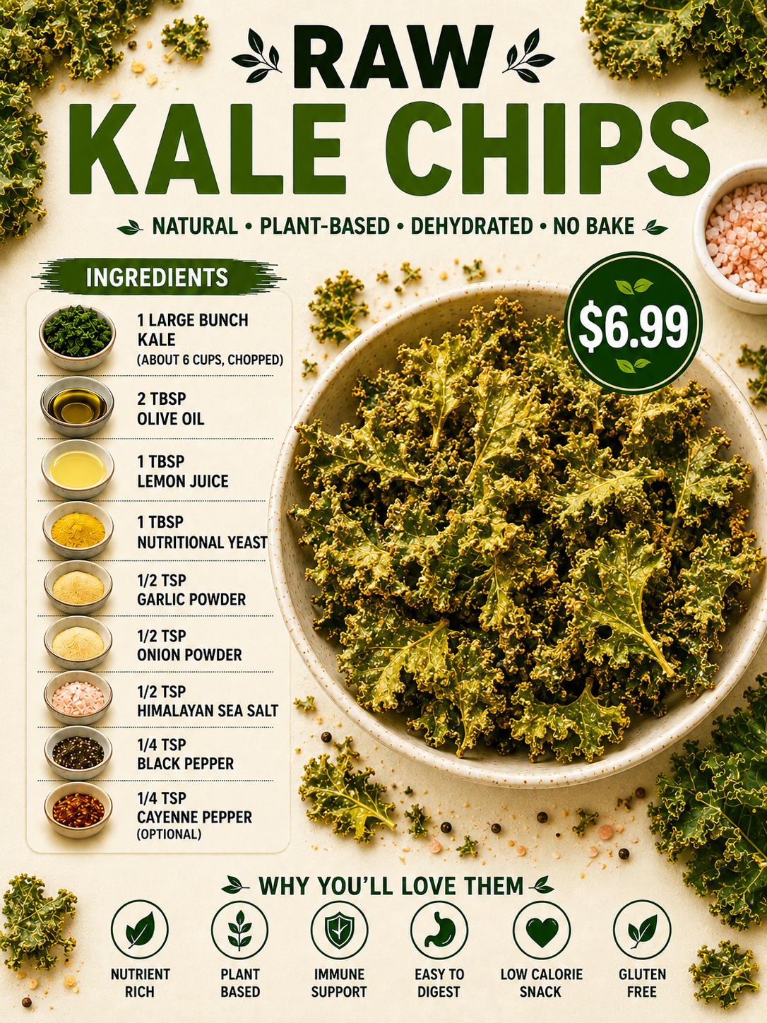 Raw kale chips in a bowl with ingredients