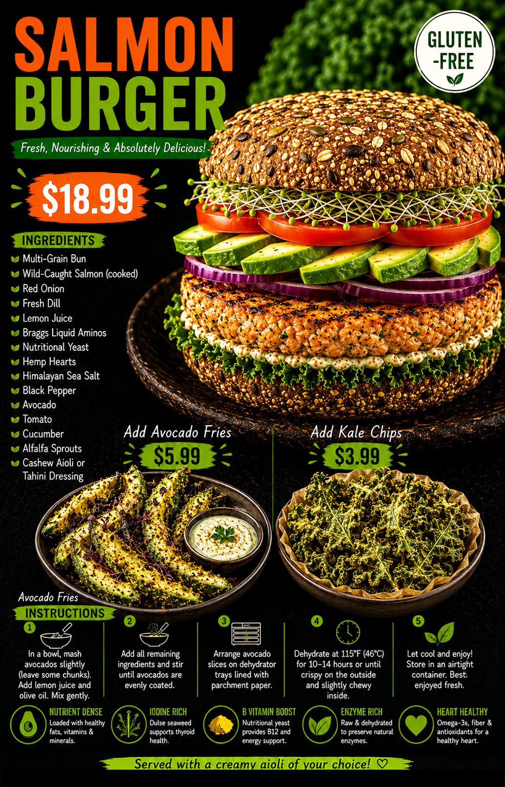 Wild Salmon Burger with multi-grain bun, avocado, tomato and sprouts