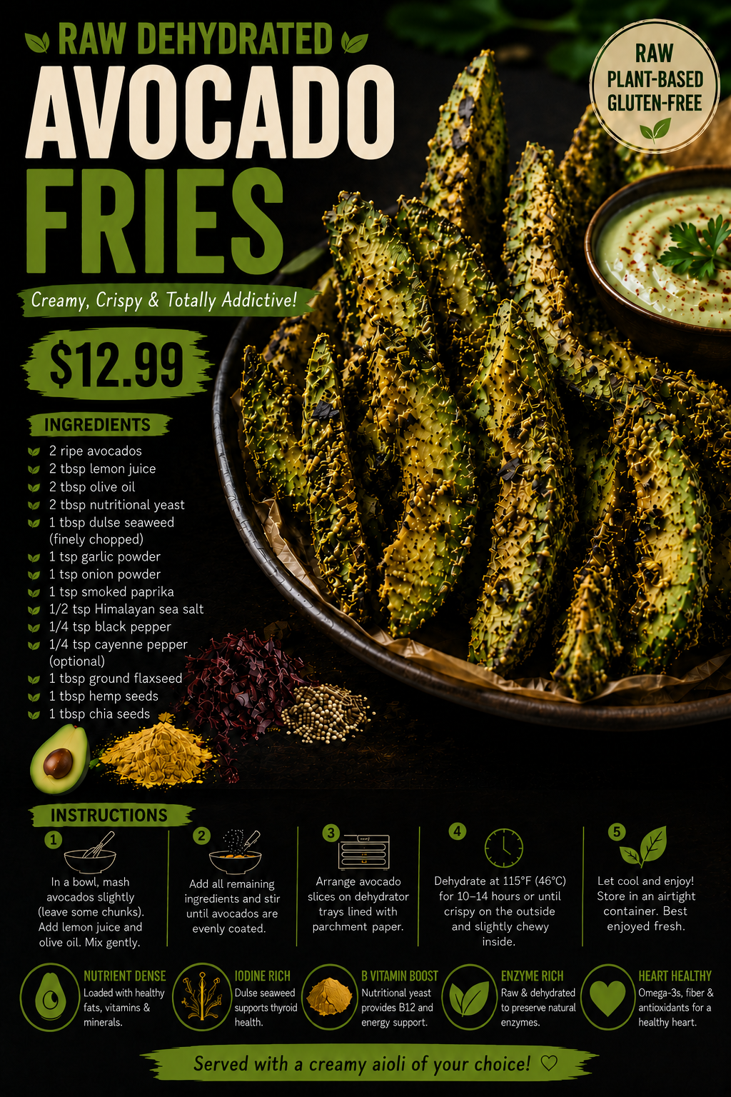 Raw dehydrated avocado fries — creamy, crispy, plant-based and gluten-free