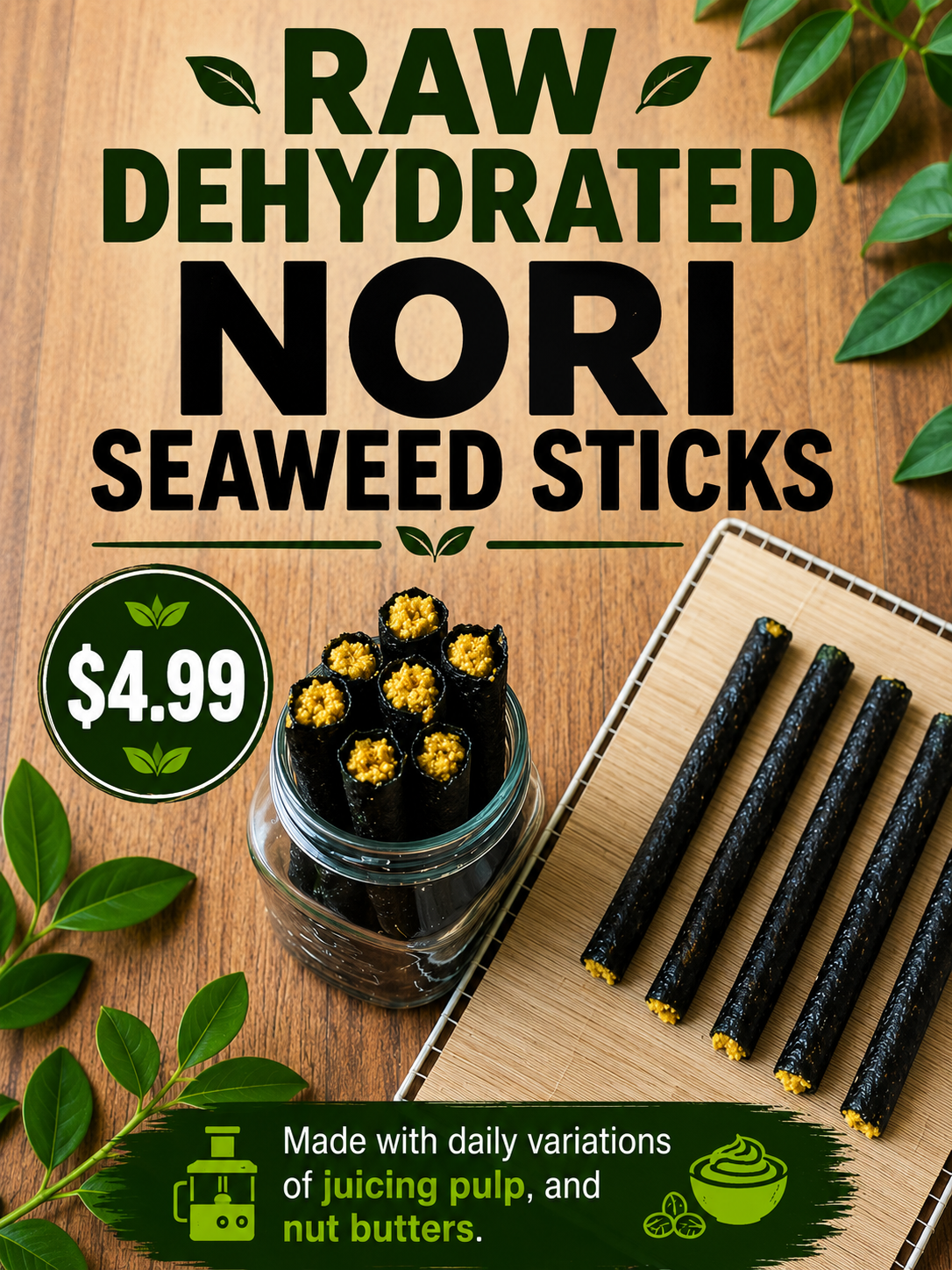 Raw dehydrated nori seaweed sticks
