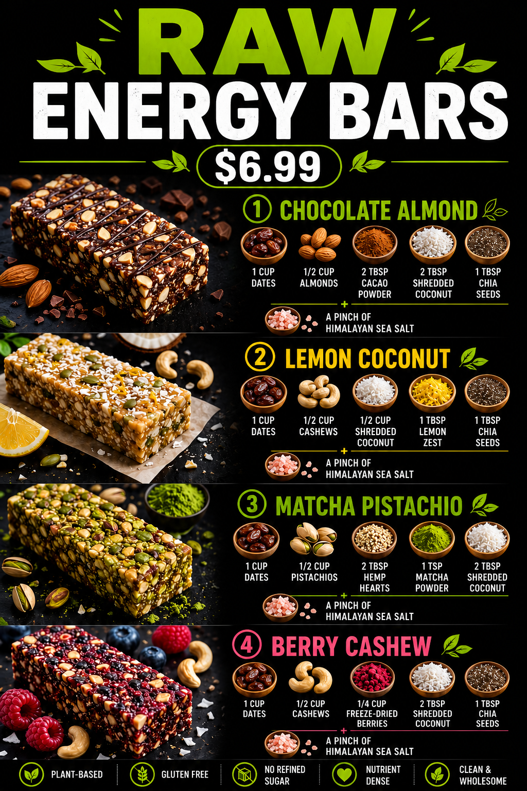 Raw Energy Bars — plant-based, gluten free, no refined sugar, nutrient dense