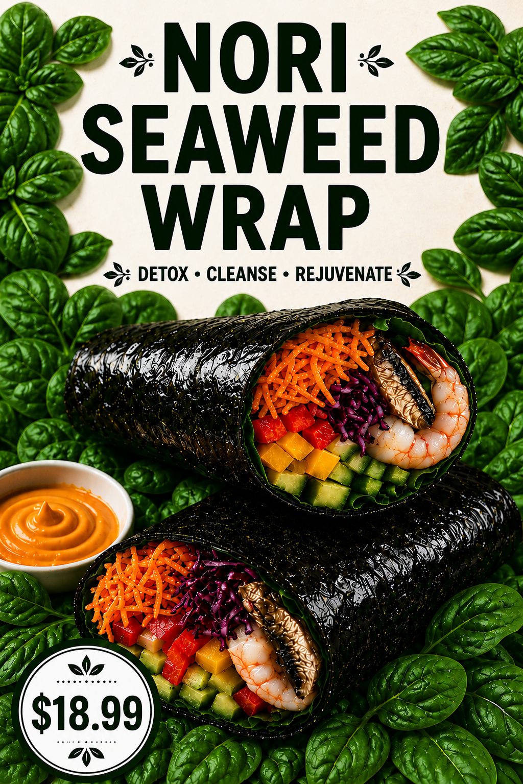 Nori Seaweed Wrap with fresh vegetables and shrimp
